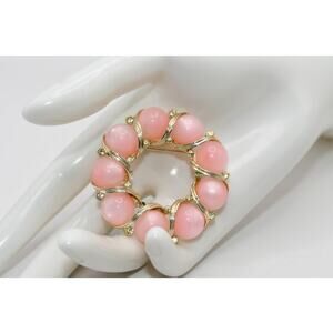 Vintage Pink Moonglow Lucite Wreath Brooch Rhinestone Accents Gold Tone
